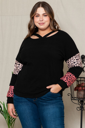 Plus Size Black  Leopard Patchwork Strappy Neck Top