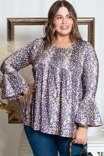 Plus Size Purple Floral Print Round Neck  Babydoll Blouse
