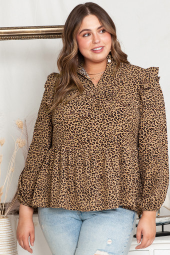 Plus Size Leopard Frilled Shoulder Decor  Babydoll Top
