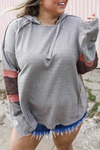 Plus Size Gray Contrast Patched Sleeve  Hoodie