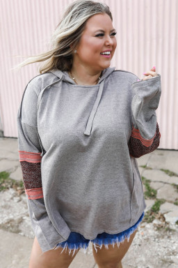 Plus Size Gray Contrast Patched Sleeve  Hoodie