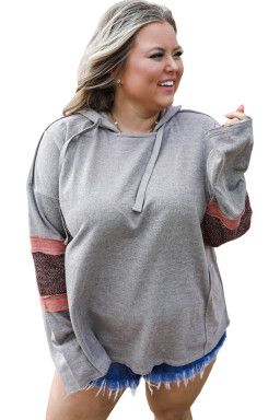 Plus Size Gray Contrast Patched Sleeve  Hoodie