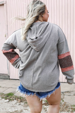 Plus Size Gray Contrast Patched Sleeve  Hoodie