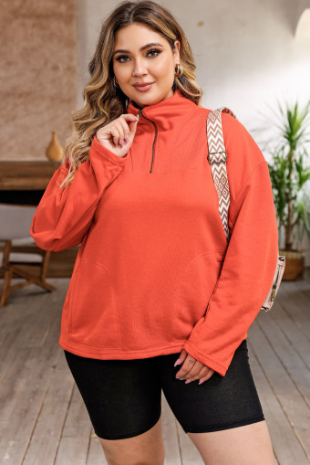 Plus Size Orange O-ring Zipper Pocketed  Sweatshirt