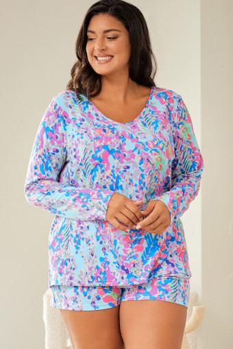Plus Size Sky Blue  Floral Print Long Sleeve and Shorts Lounge Outfit