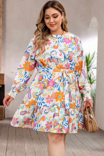 Plus Size Orange Paisley Floral Print Belted  Dress