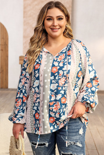 Plus Size Multicolor  Mixed Print Split Neck Blouse