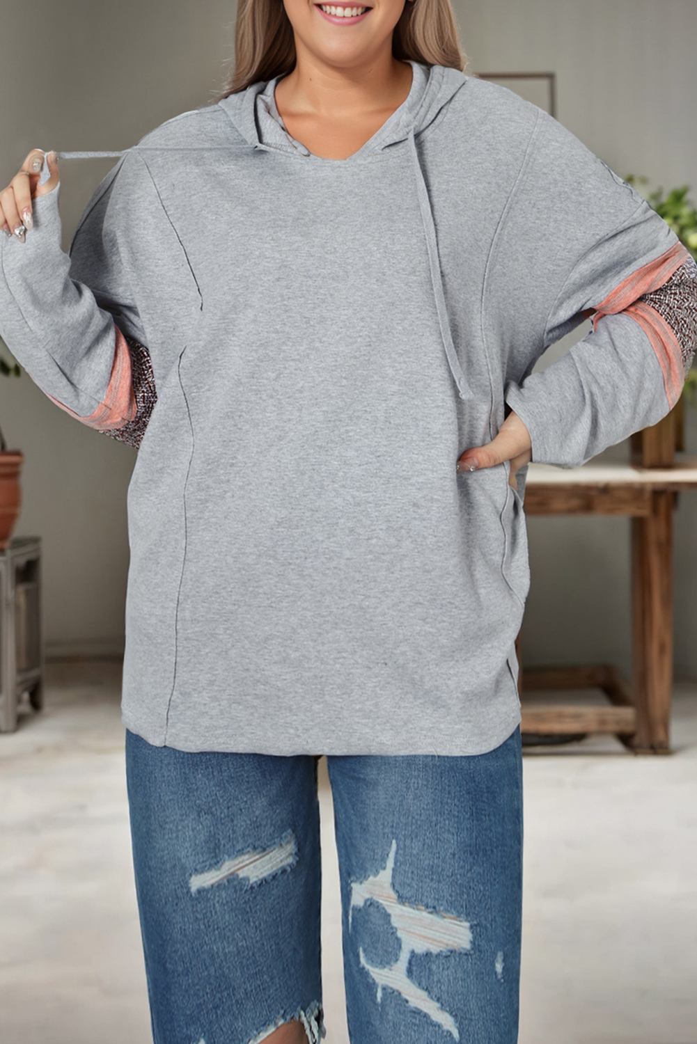 Plus Size Gray Contrast Patched Sleeve  Hoodie