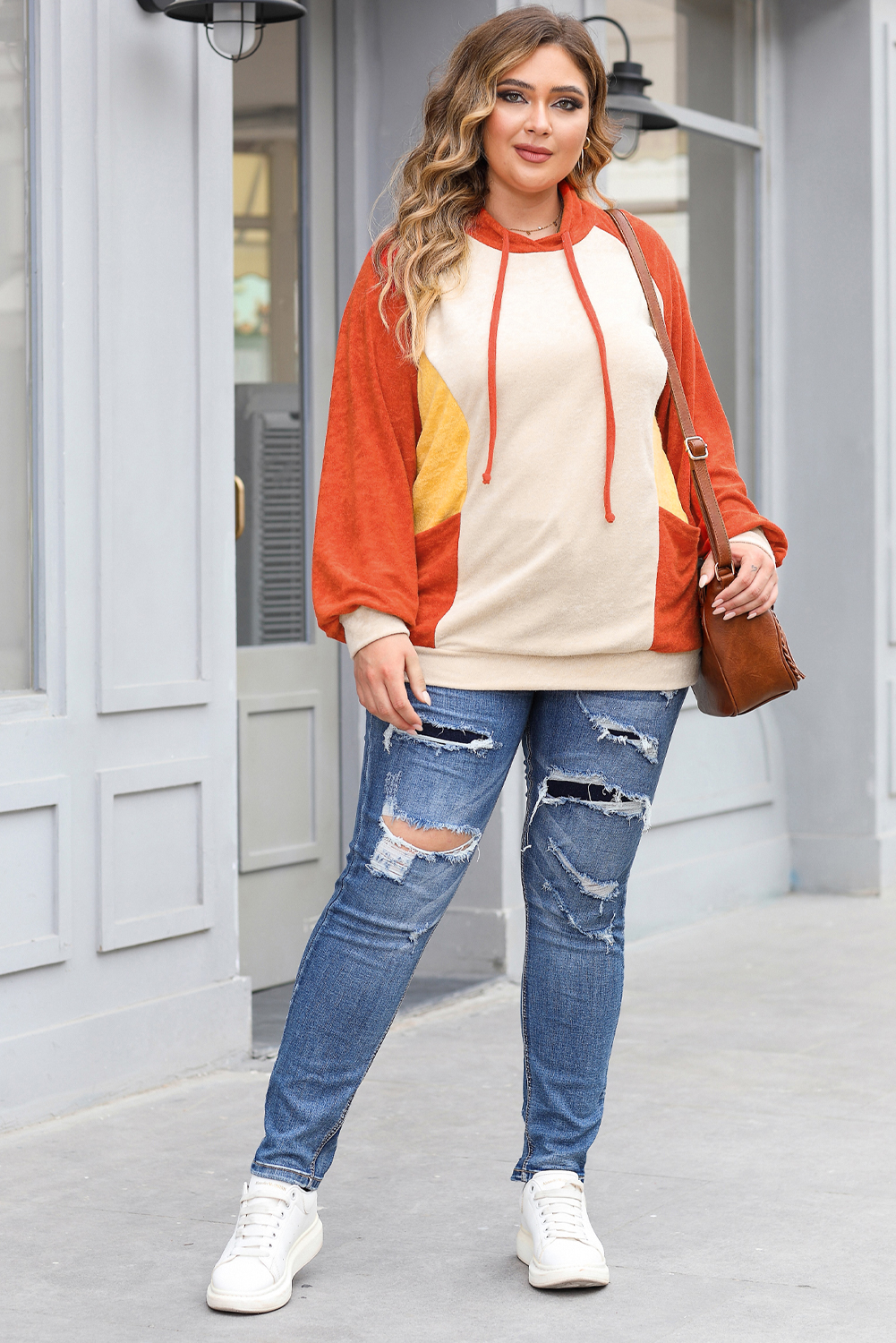 Plus Size Orange  Colorblock Raglan Hoodie with Pockets