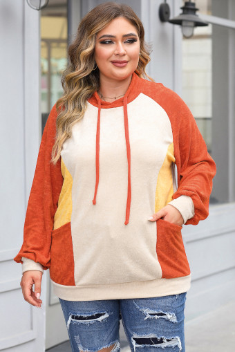 Plus Size Orange  Colorblock Raglan Hoodie with Pockets