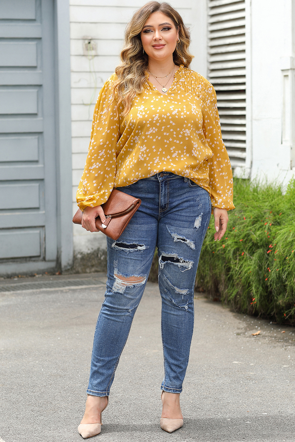 Plus Size Yellow  Floral Print Ruched Split Neck Blouse