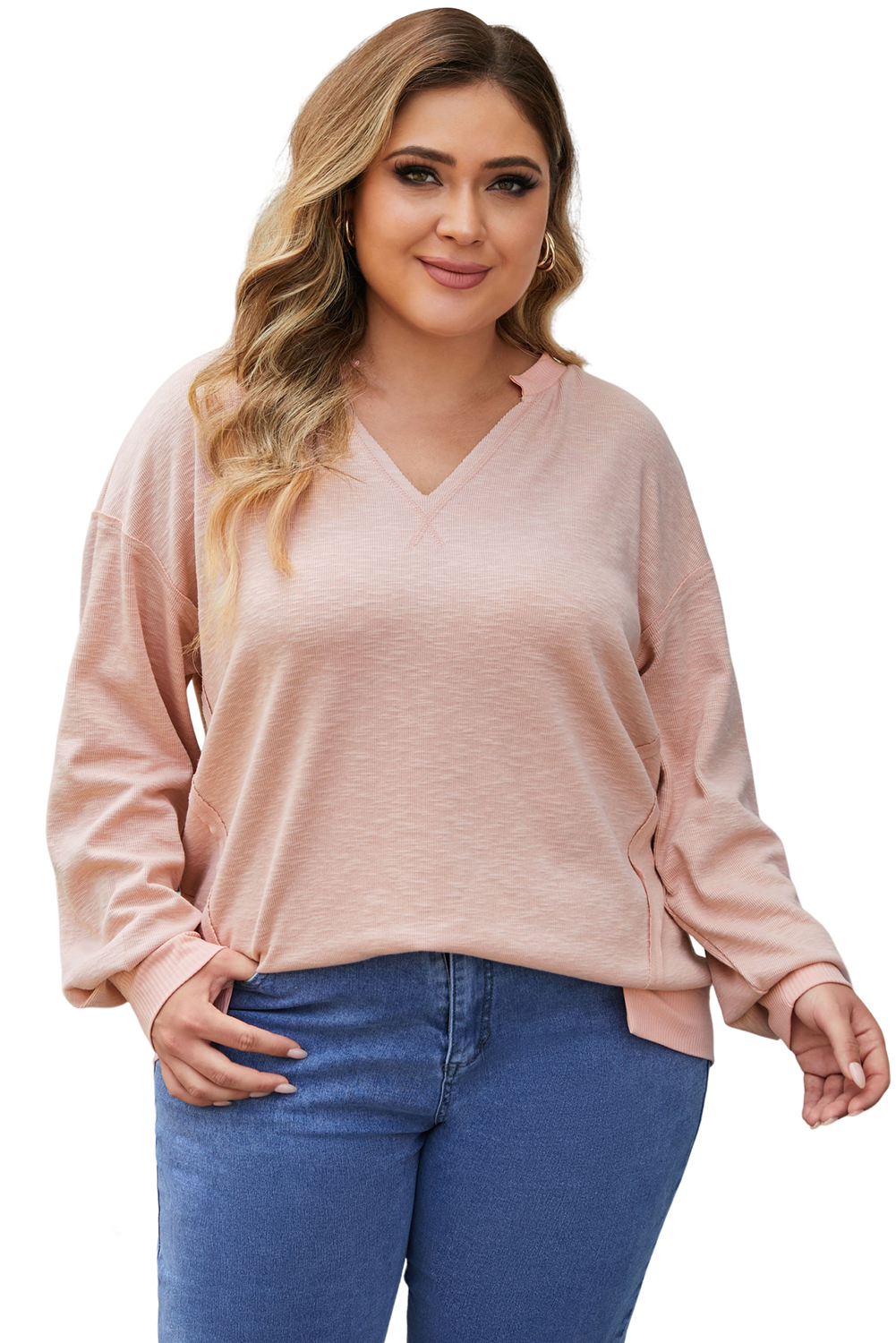 Plus Size Pink Raw Cut Notched Neck  French Terry Hoodie