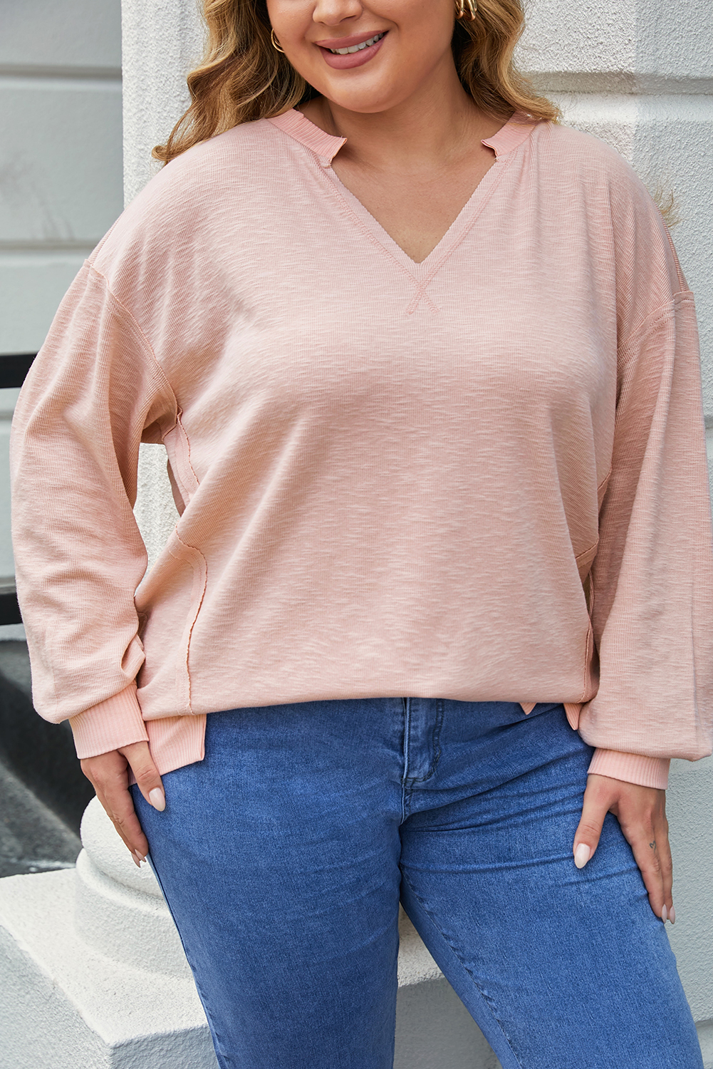 Plus Size Pink Raw Cut Notched Neck  French Terry Hoodie