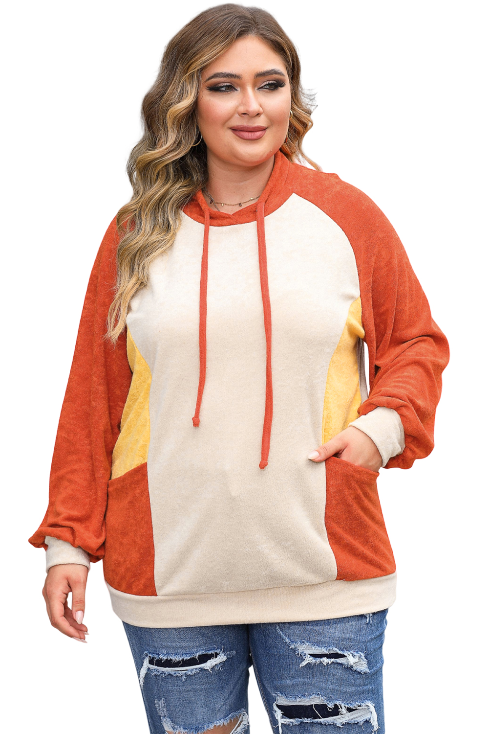 Plus Size Orange  Colorblock Raglan Hoodie with Pockets