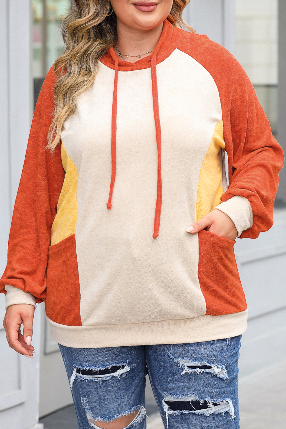 Plus Size Orange  Colorblock Raglan Hoodie with Pockets
