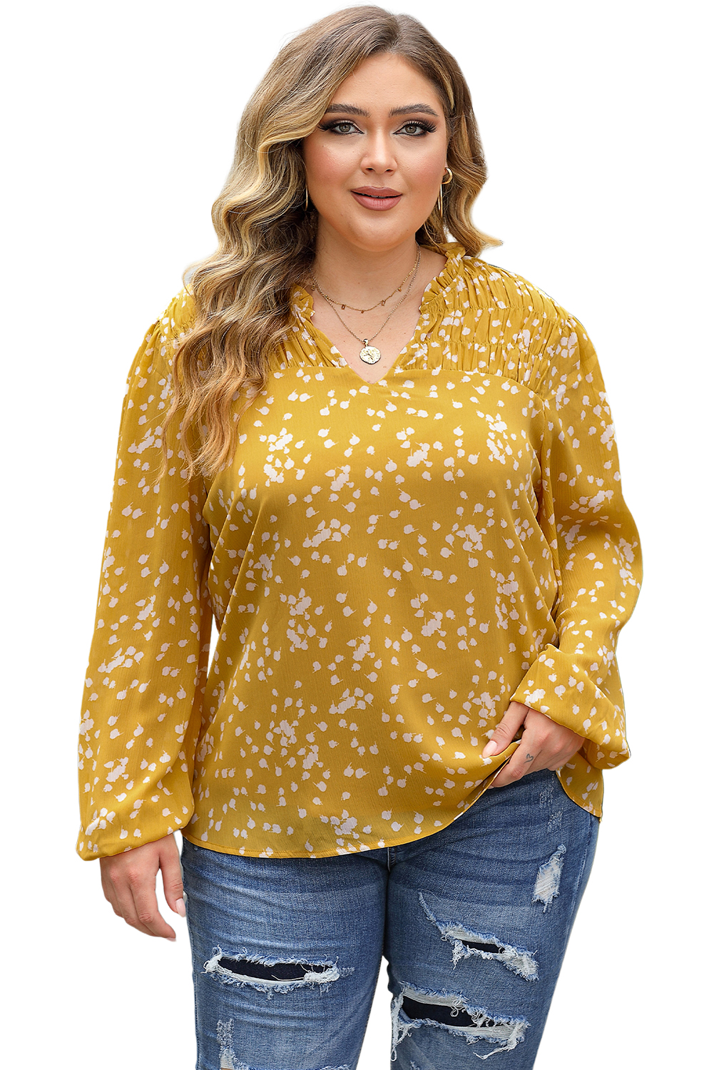 Plus Size Yellow  Floral Print Ruched Split Neck Blouse