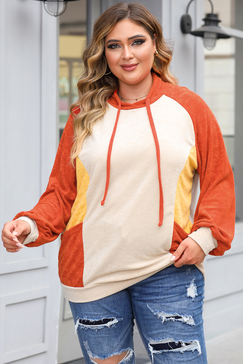 Plus Size Orange  Colorblock Raglan Hoodie with Pockets