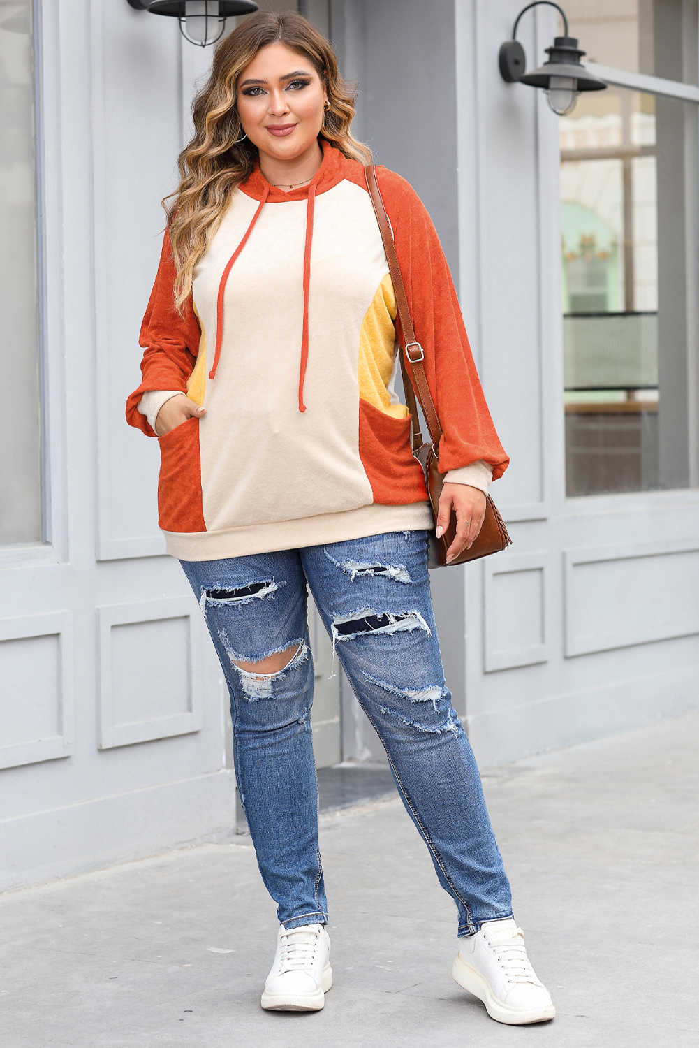 Plus Size Orange  Colorblock Raglan Hoodie with Pockets