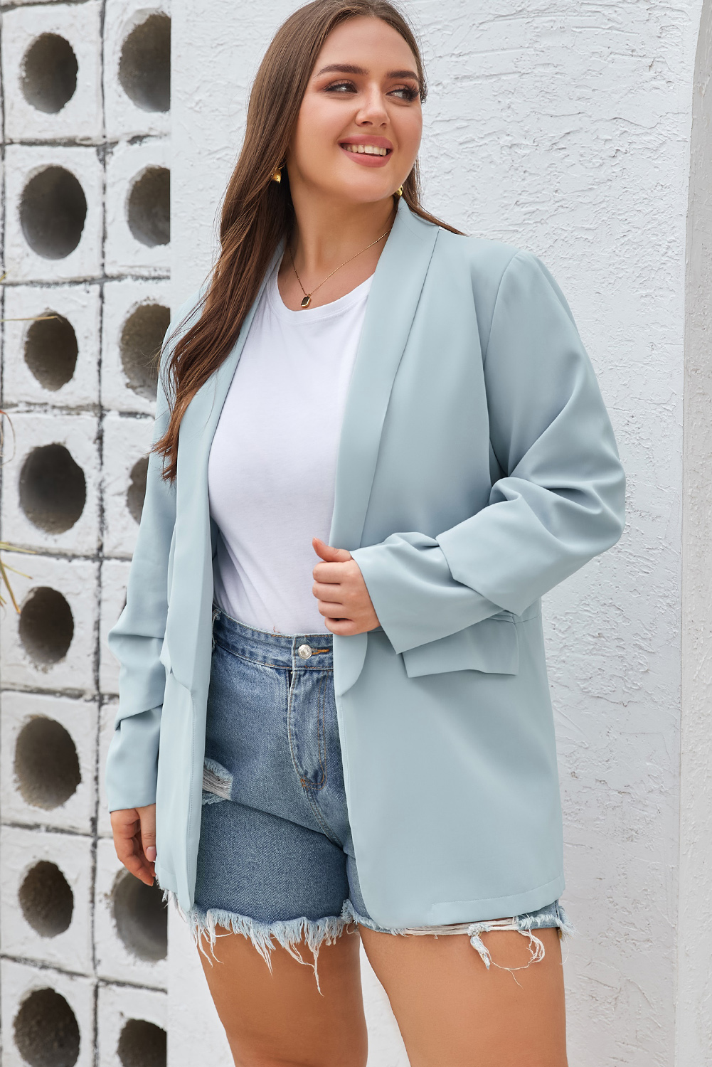 Plus Size Sky Blue  Soft Lightweight Pocketed Lapel Blazer