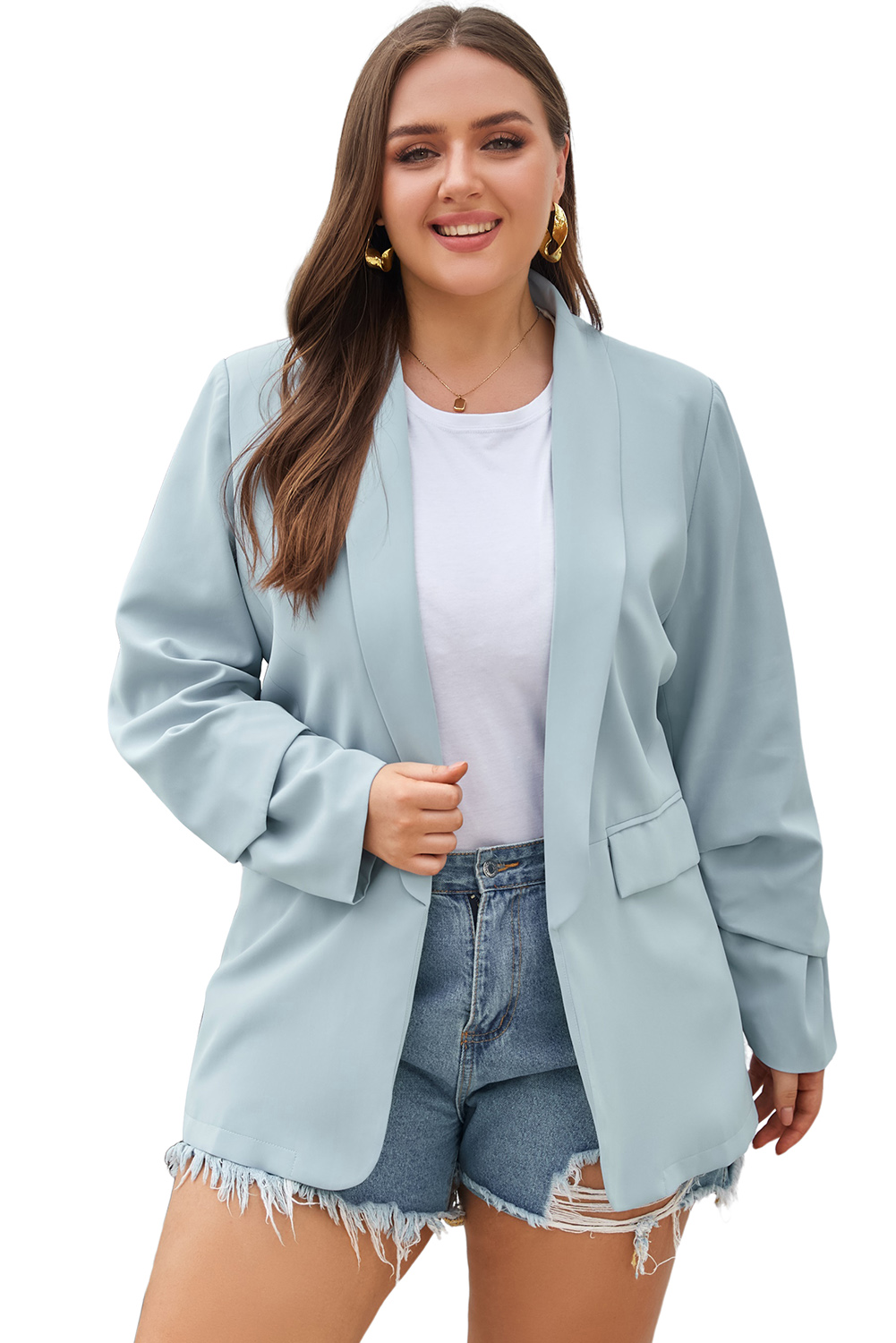 Plus Size Sky Blue  Soft Lightweight Pocketed Lapel Blazer