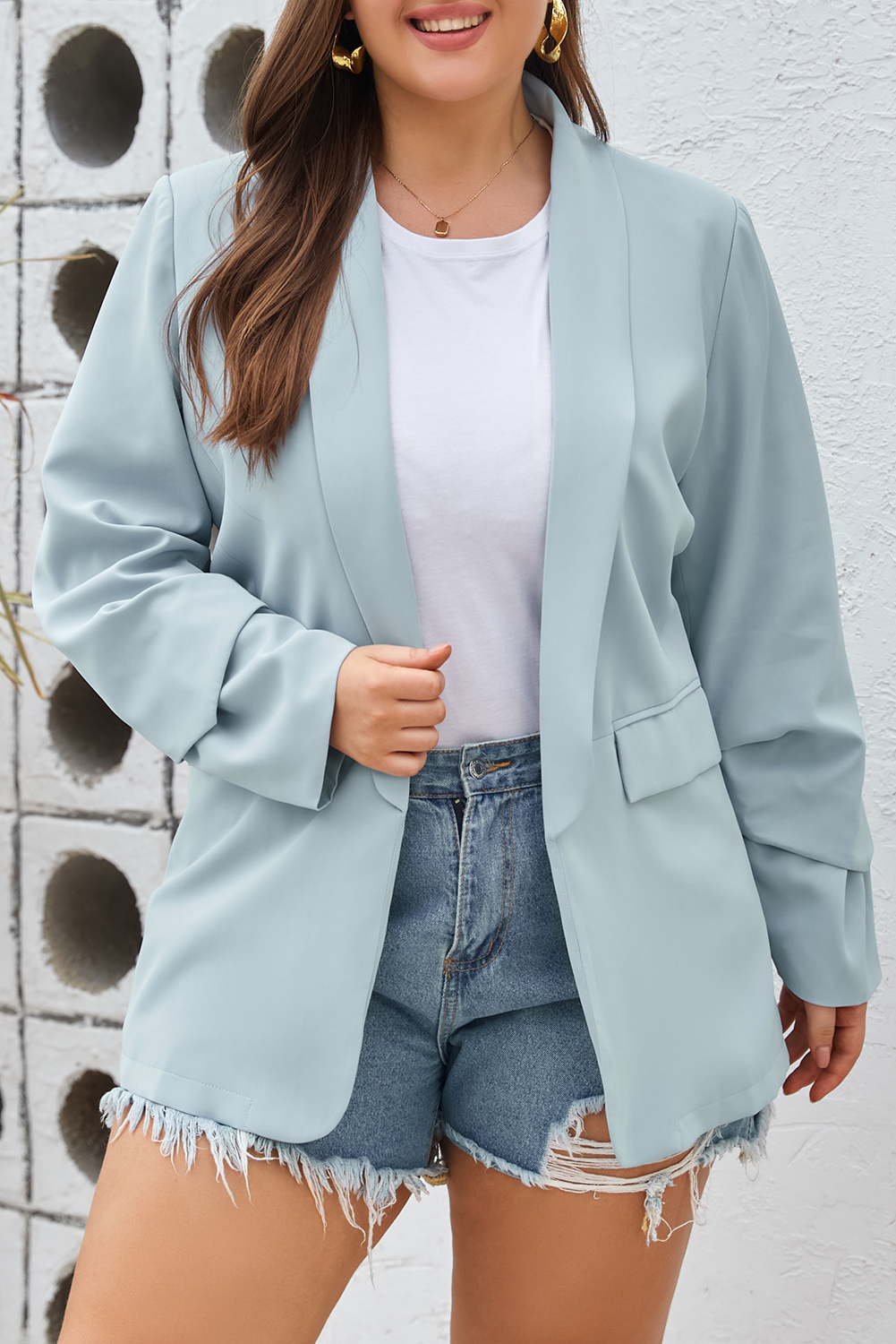 Plus Size Sky Blue  Soft Lightweight Pocketed Lapel Blazer