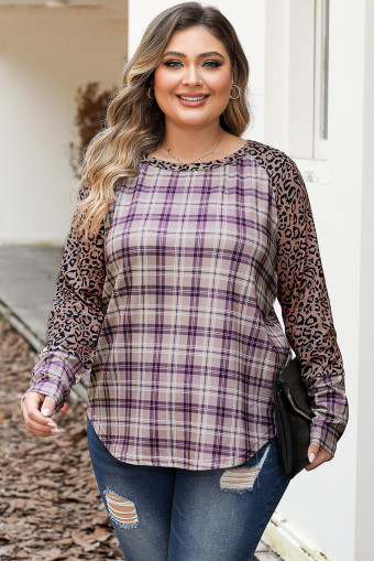Plus Size Chestnut  Leopard Raglan Sleeve Plaid Top