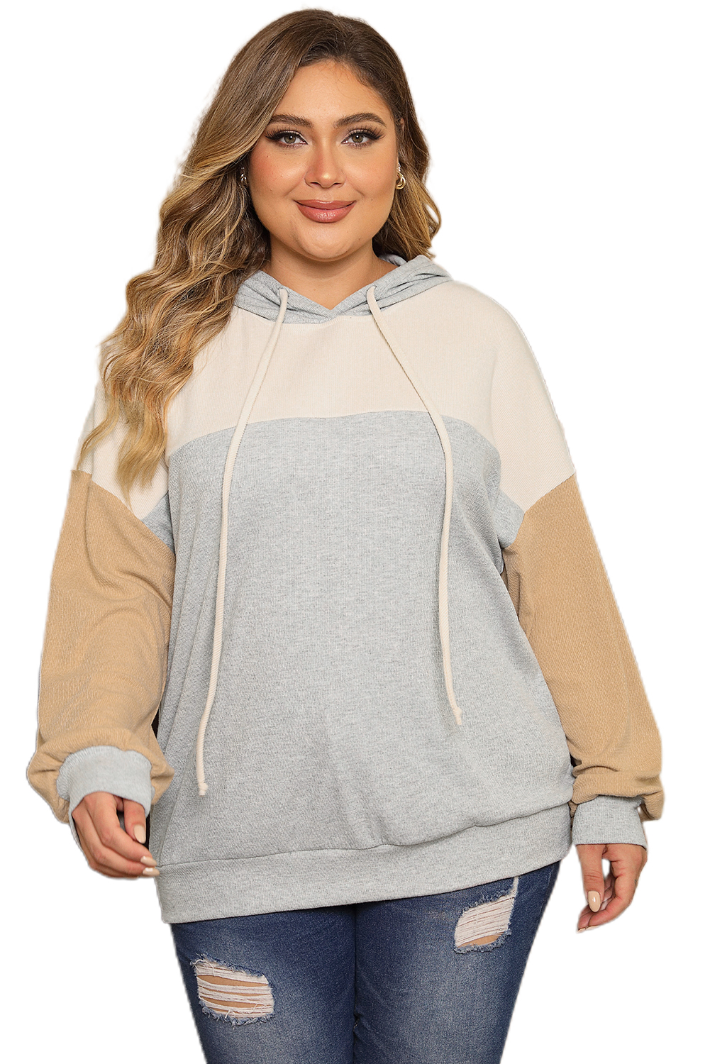 Plus Size Multicolour  Colorblock Drop Shoulder Ribbed Knit Hoodie