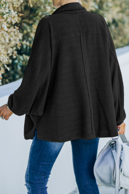 Plus Size Black  Long Sleeve Flap Pocket Henley Top