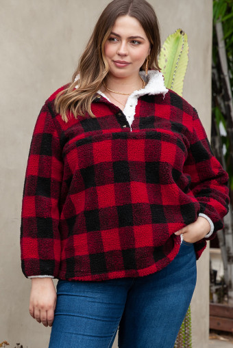 Plus Size Fiery Red  Buffalo Plaid Sherpa Henley Sweatshirt