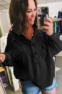 Plus Size Black  Long Sleeve Flap Pocket Henley Top