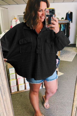 Plus Size Black  Long Sleeve Flap Pocket Henley Top