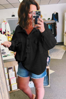 Plus Size Black  Long Sleeve Flap Pocket Henley Top