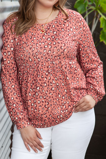 Plus Size Leopard Print Long Sleeve Ruffled Babydoll  Blouse