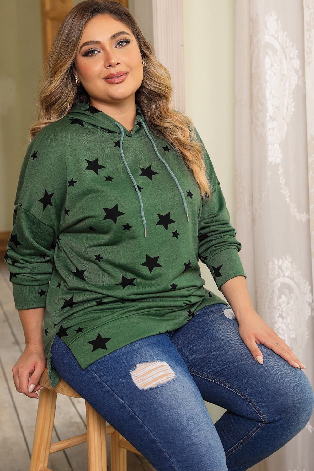Plus Size Green Tie-dyed Stripe Drawstring  Hoodie