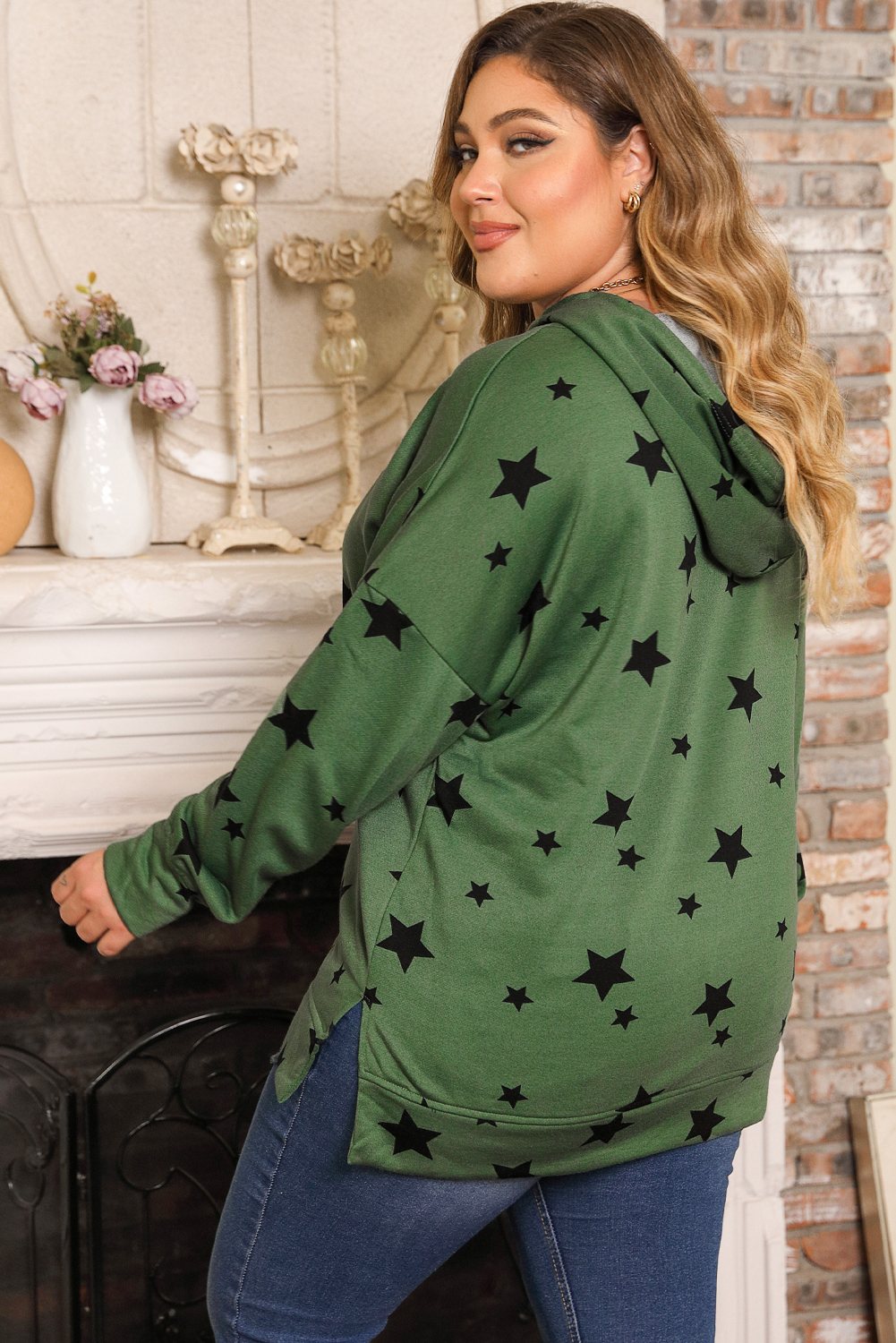 Plus Size Green Tie-dyed Stripe Drawstring  Hoodie