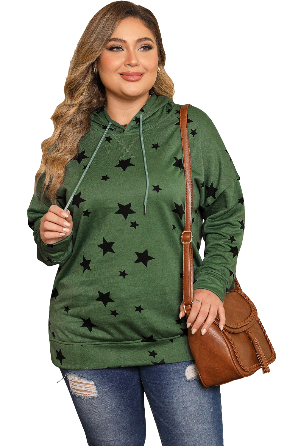 Plus Size Green Tie-dyed Stripe Drawstring  Hoodie