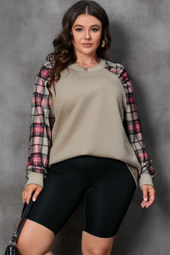 Plus Size Apricot  Plaid Raglan Sleeve Crew Neck Sweatshirt