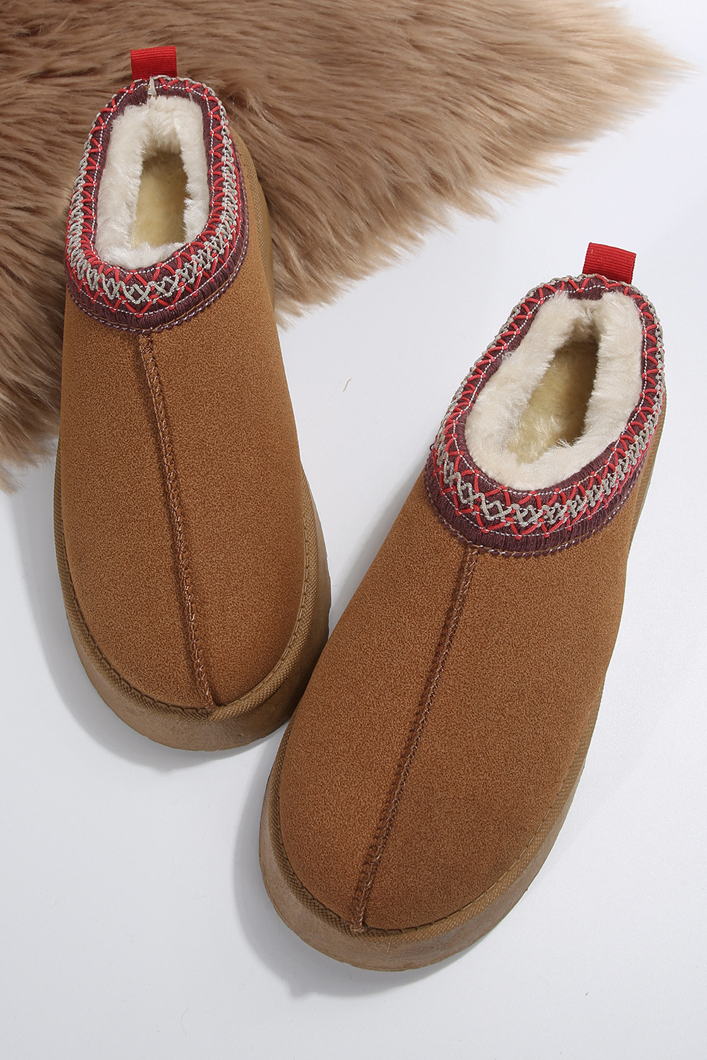 Chestnut Faux Suede Embroidered Detail Plush Lined Platform Slippers