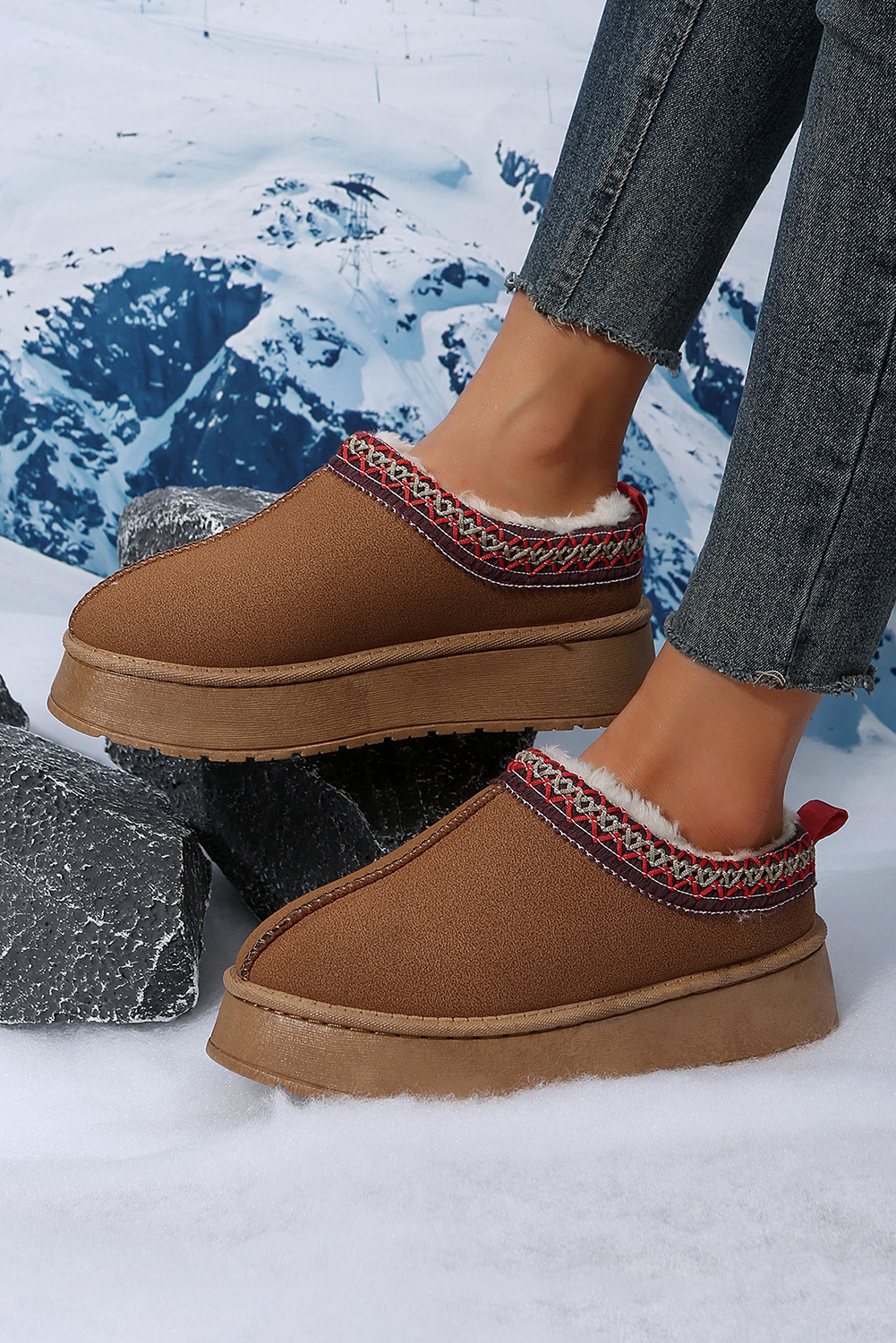 Chestnut Faux Suede Embroidered Detail Plush Lined Platform Slippers
