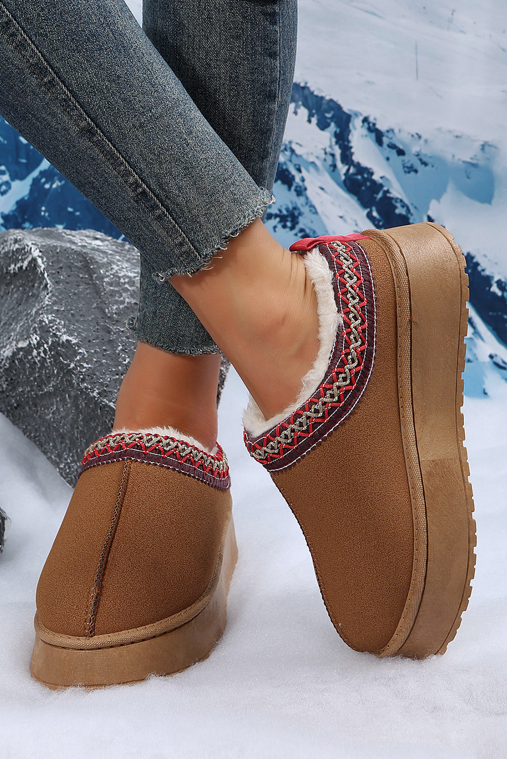 Chestnut Faux Suede Embroidered Detail Plush Lined Platform Slippers