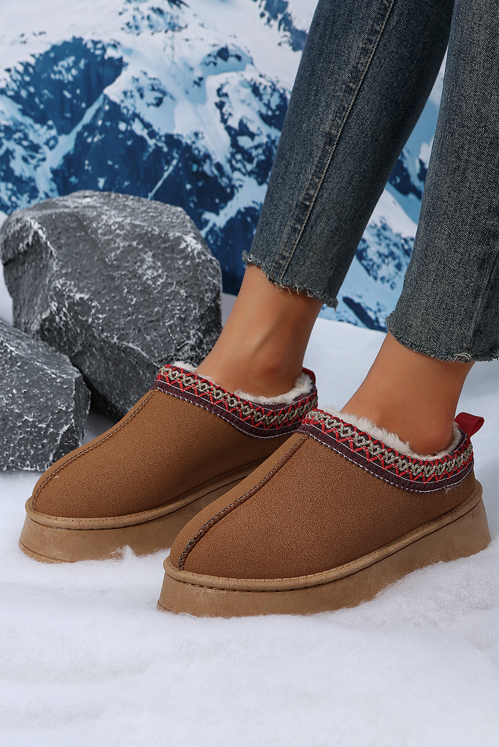 Chestnut Faux Suede Embroidered Detail Plush Lined Platform Slippers