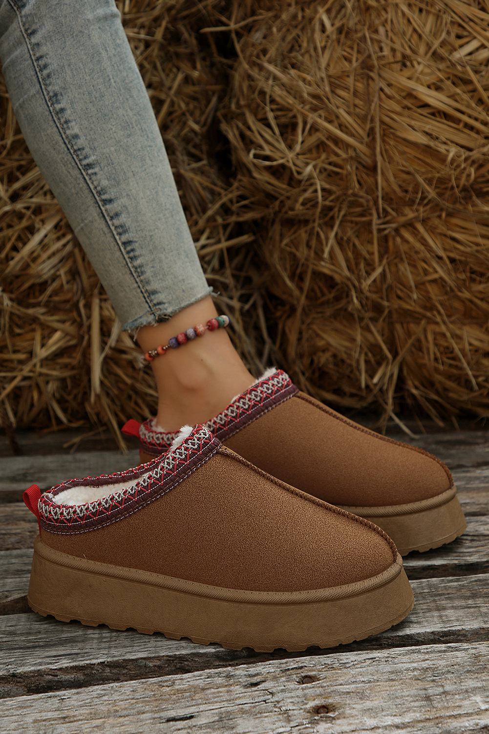 Chestnut Faux Suede Embroidered Detail Plush Lined Platform Slippers