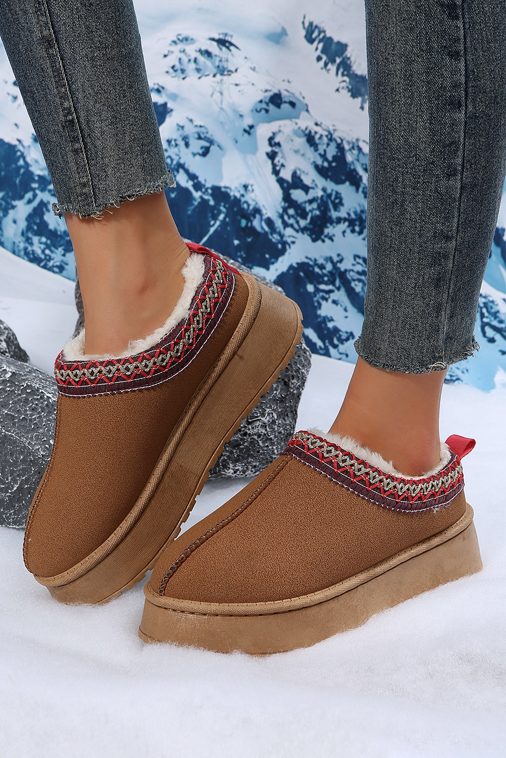 Chestnut Faux Suede Embroidered Detail Plush Lined Platform Slippers
