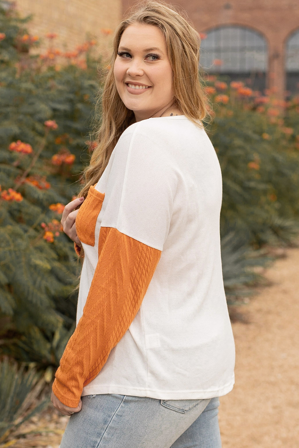 Plus Size Chestnut  Color Block Textured Patchwork Top with Pocket