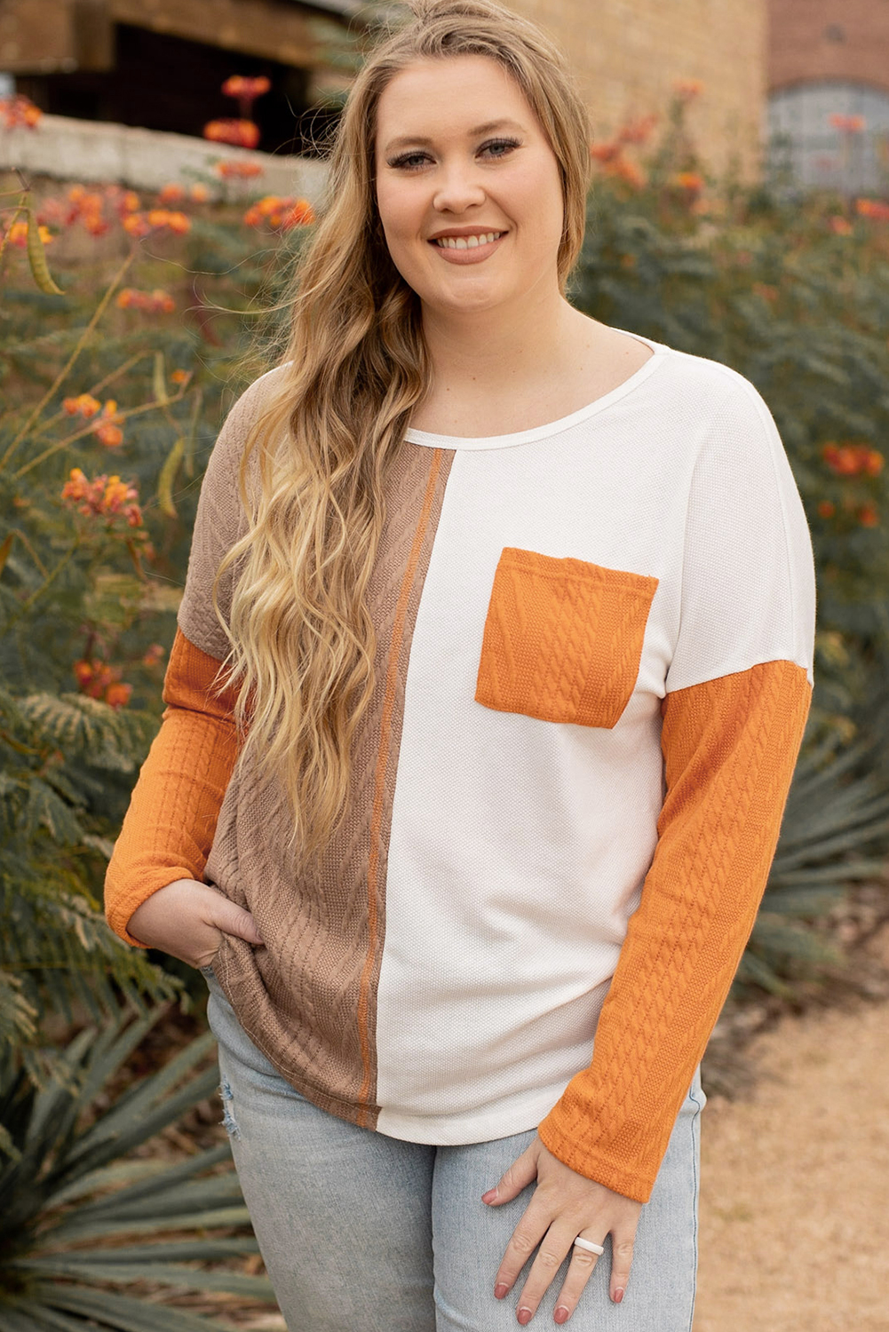 Plus Size Chestnut  Color Block Textured Patchwork Top with Pocket