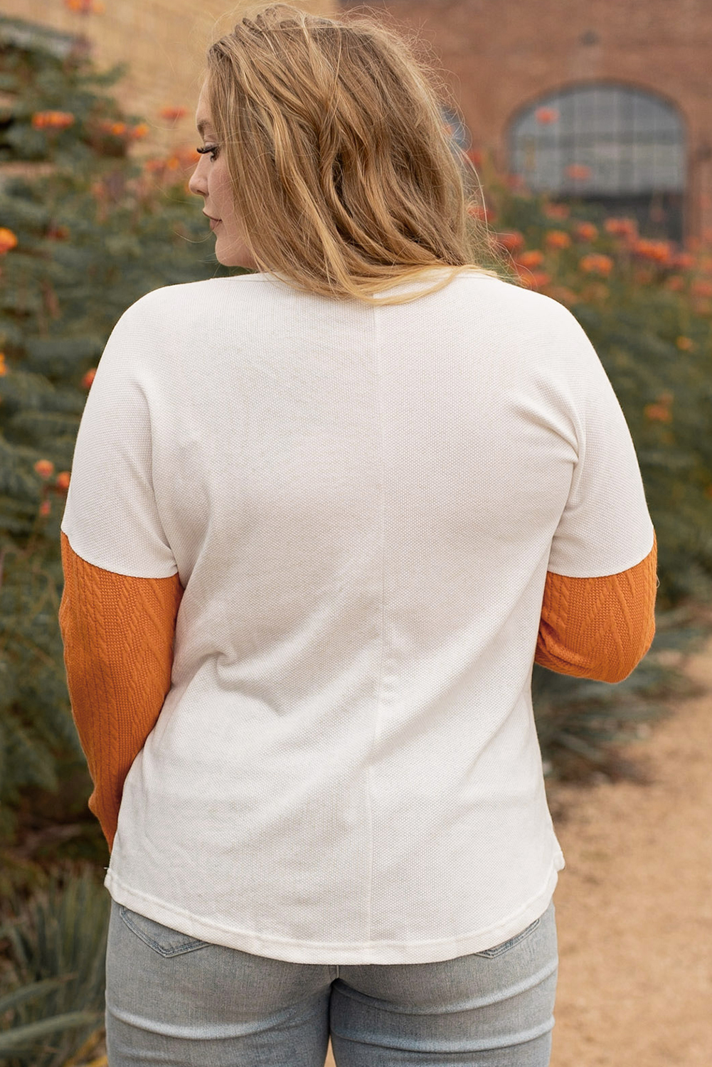Plus Size Chestnut  Color Block Textured Patchwork Top with Pocket