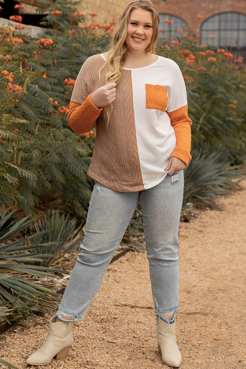 Plus Size Chestnut  Color Block Textured Patchwork Top with Pocket