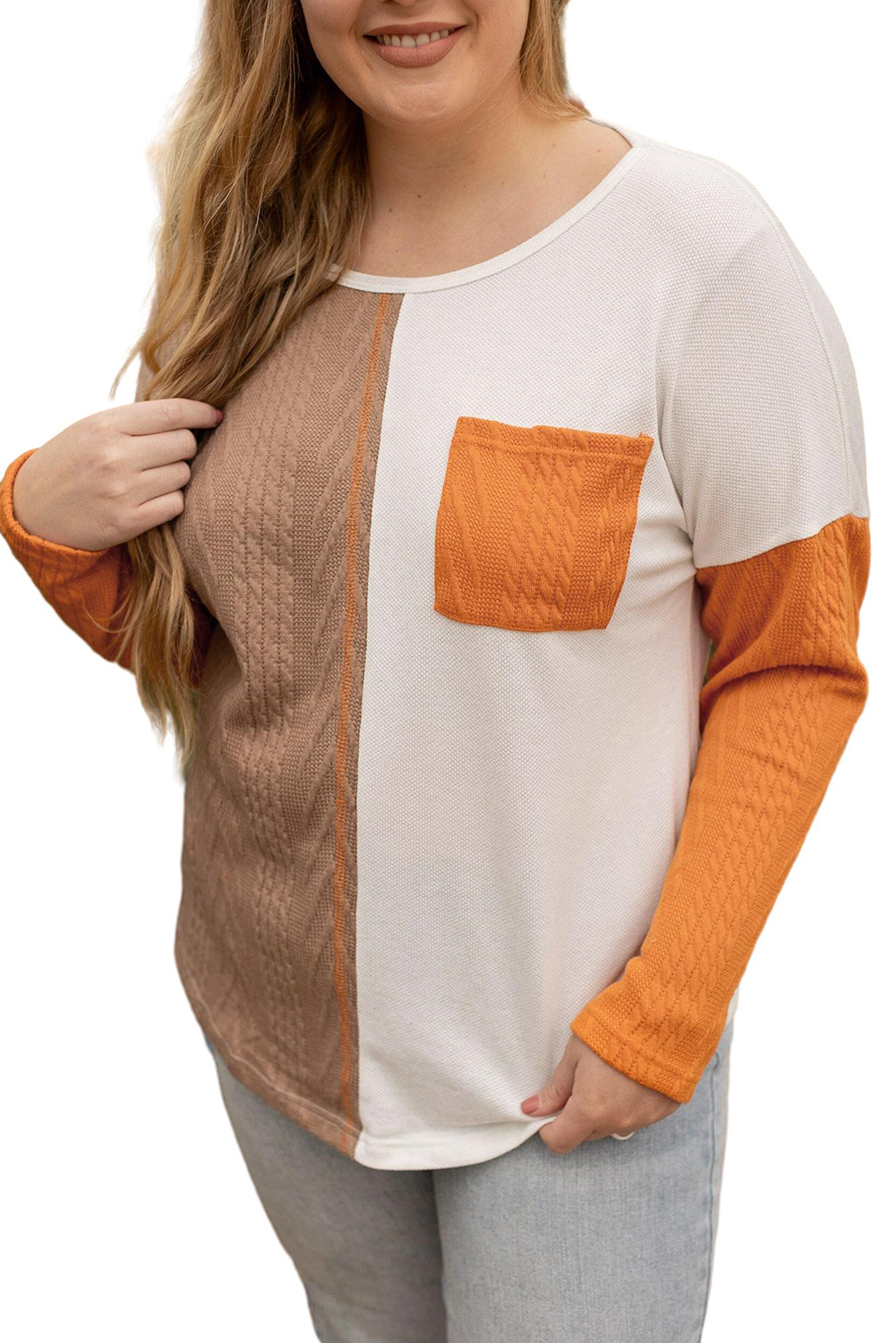 Plus Size Chestnut  Color Block Textured Patchwork Top with Pocket