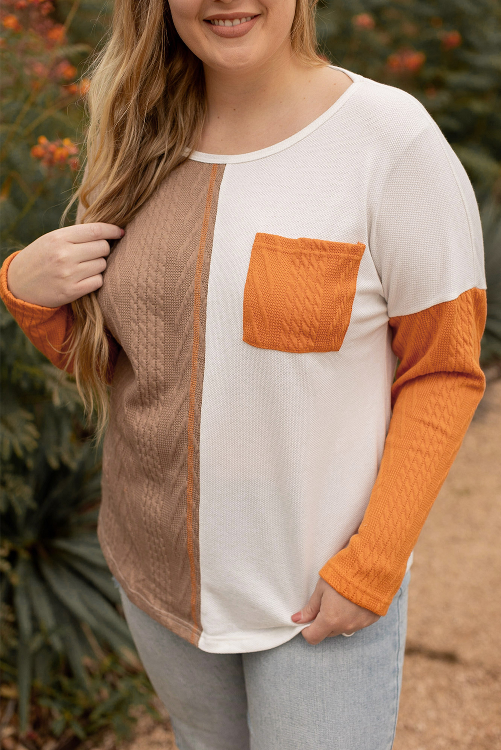 Plus Size Chestnut  Color Block Textured Patchwork Top with Pocket