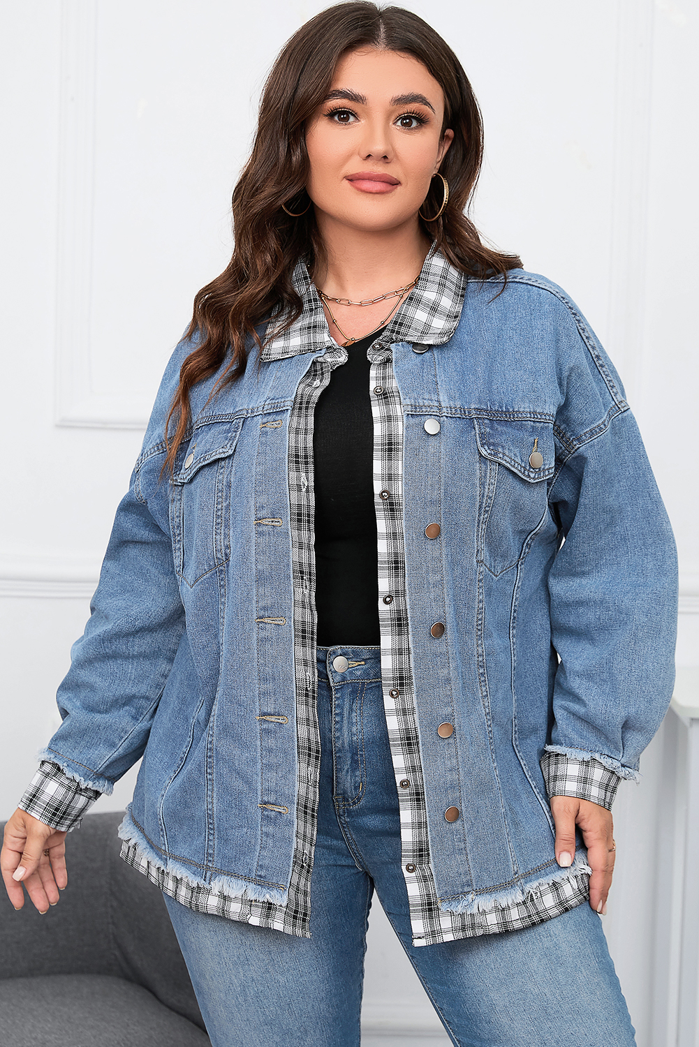 Plus Size Sky Blue Plaid Hem Splicing  Denim Jacket